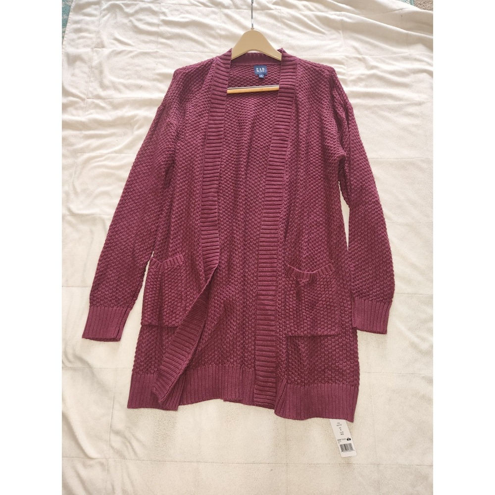 NWT Gap burgundy red longline open-front cardigan duster sweater waffle-knit Med
